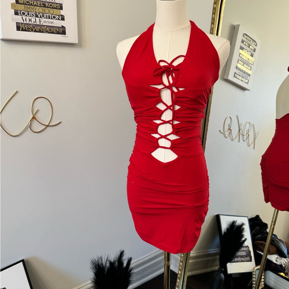Red Backless Halter Bodycon Dress